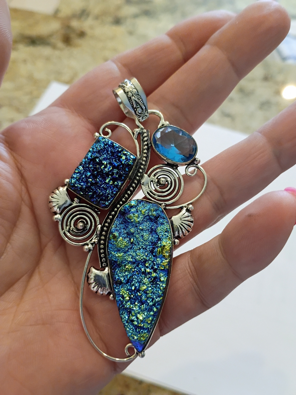 Blue Druzy Teardrop & Crystal Pendant Necklace Strinking Shades Of Blue!
